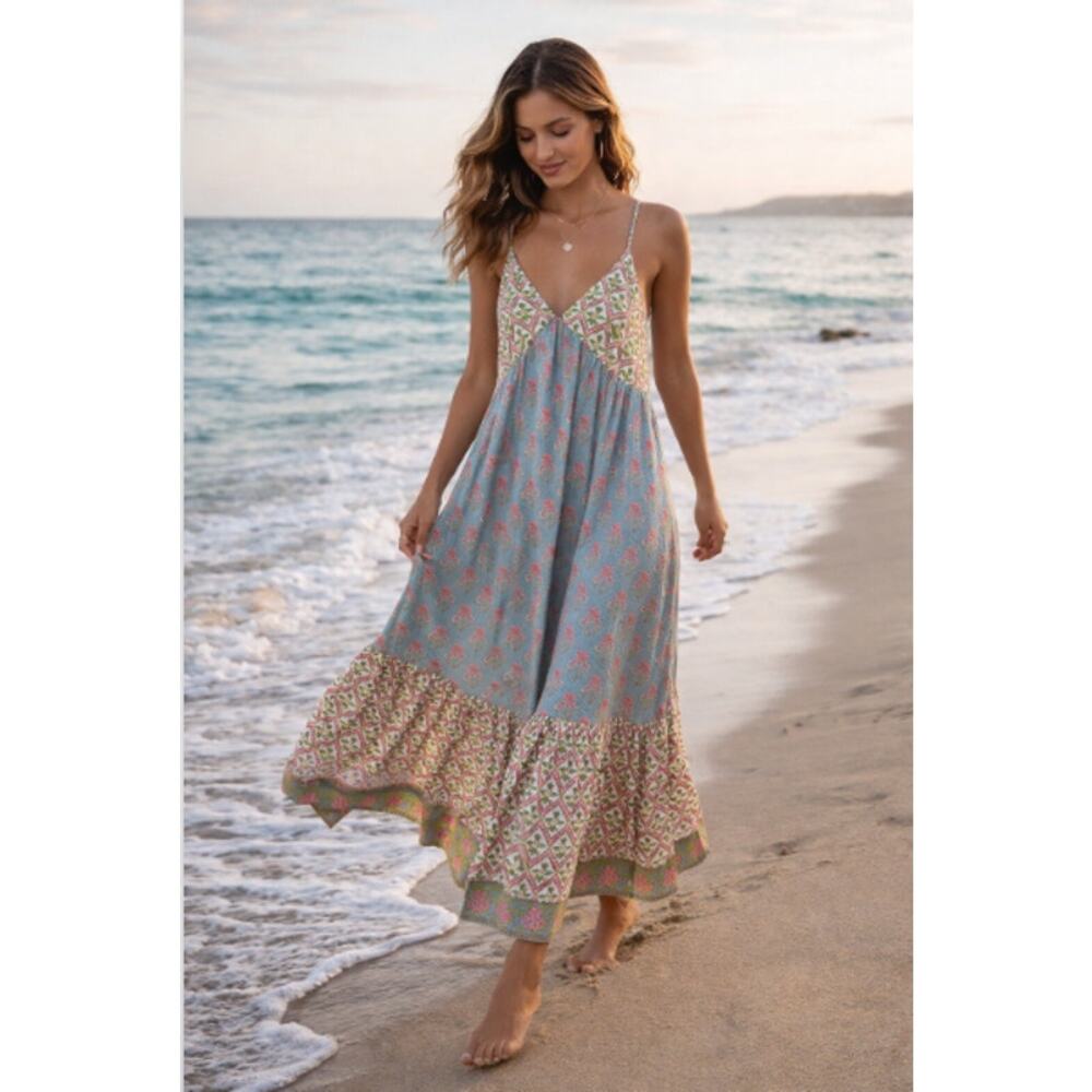 Just Bellina Color Block 100% Cotton Handcrafted Floral Ruffle Hem Maxi Dress M